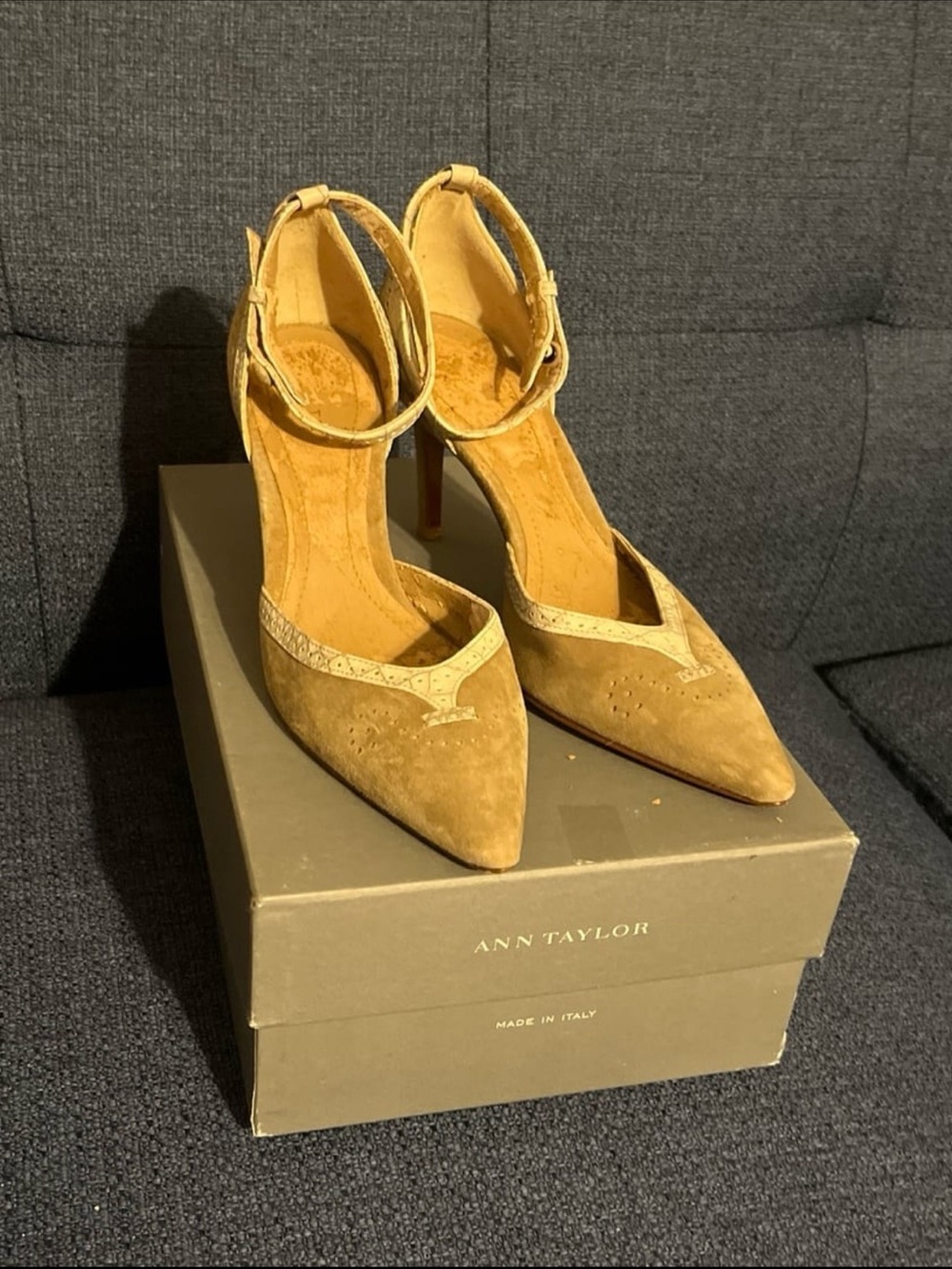 Ann Taylor Tan Suede Pointed-Toe Ankle-Strap Pumps- Size 5 1/2